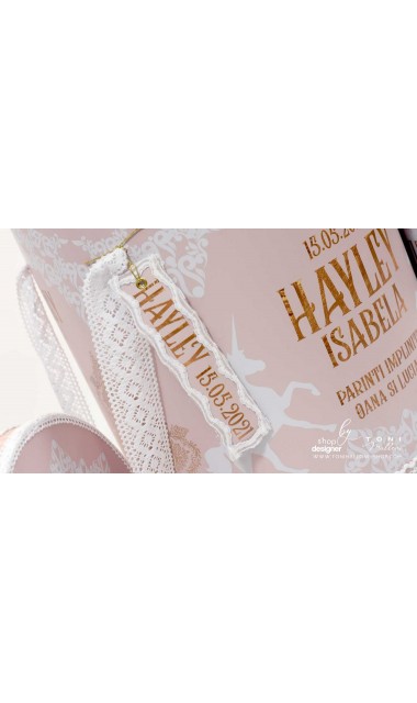 Trusou de botez roz pudra cu broderie personalizata gold si unicorni Unicorn Valley 6